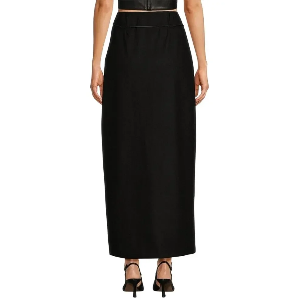 Le' AL.X Wool Blend Knit High Rise Belted Side Pencil Maxi Black Wool Skirt Sz 6